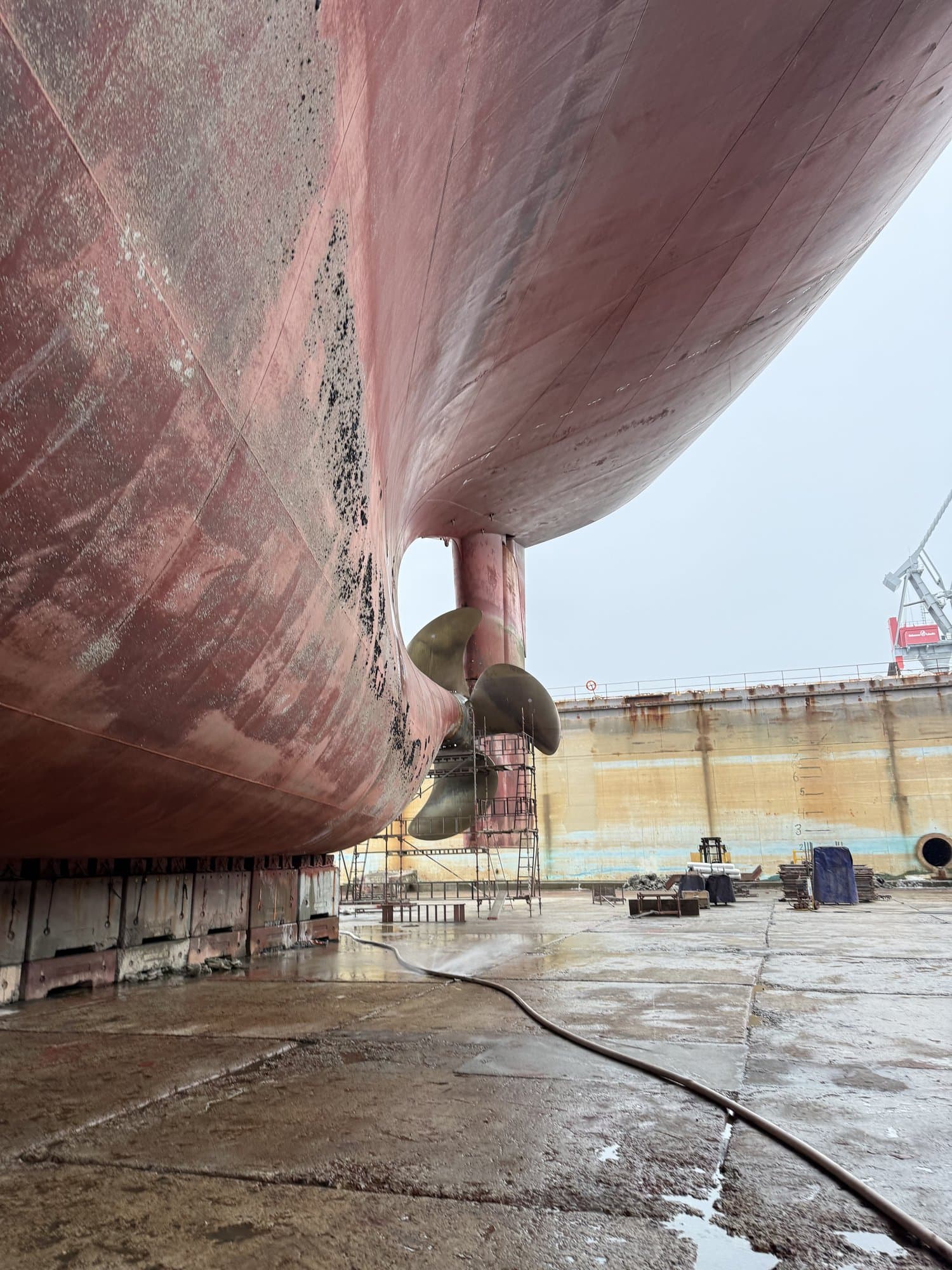 Ship hull and propellers in dry dock